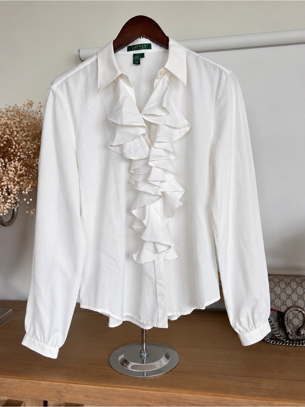 Lauren Ralph Lauren White Cotton Ruffle Shirt Jabot Blouse Shirt L Romantic Y2K - Picture 3 of 12